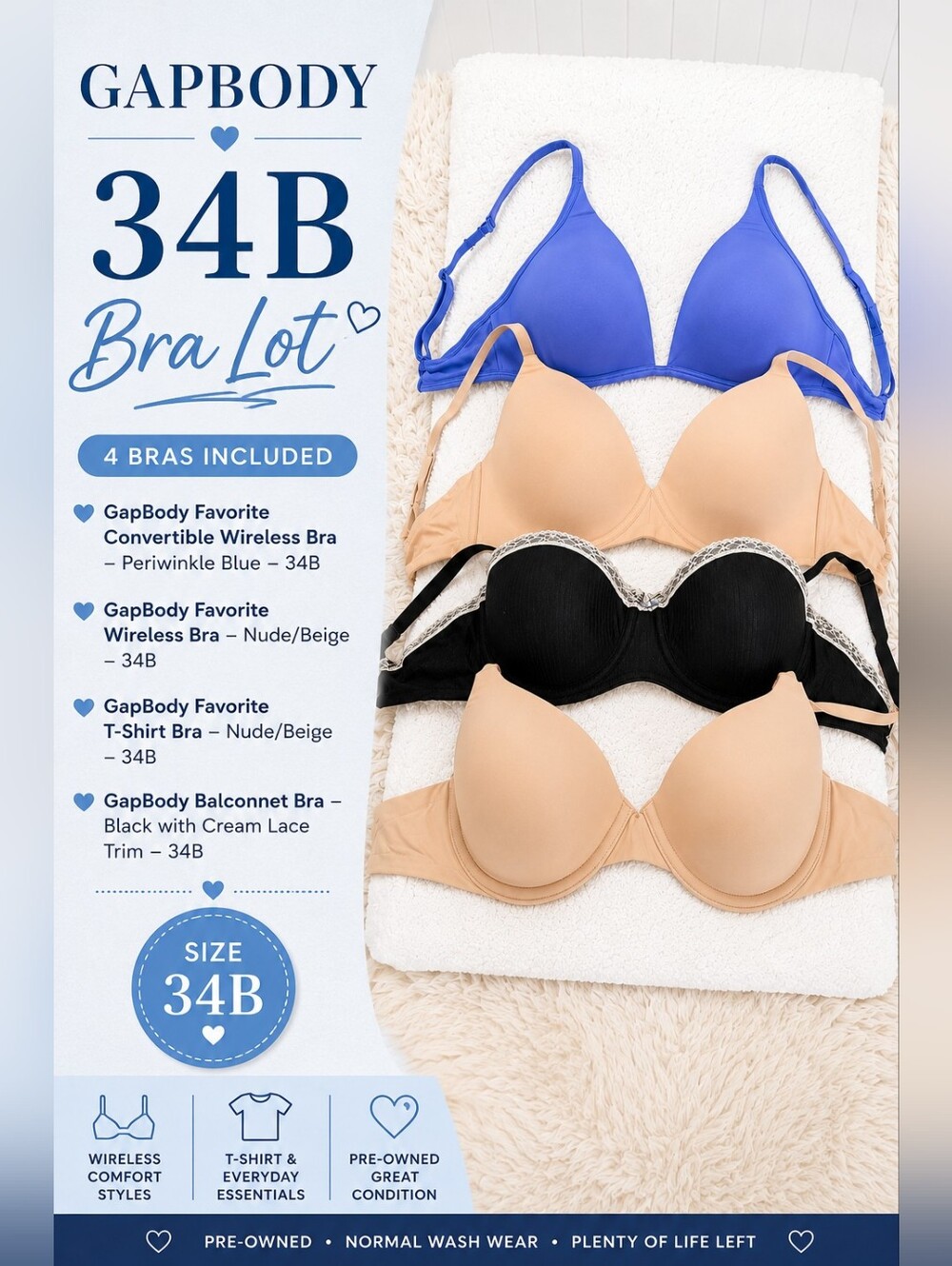 GapBody Bras 34B Lot of 4 Wireless T Shirt Underwire Balconette Nude Black